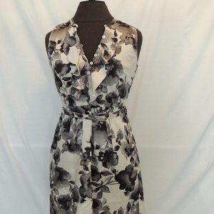 Ann Taylor LOFT 2P Dress Floral Black Gray White Belted Pockets Ruffled V Neck